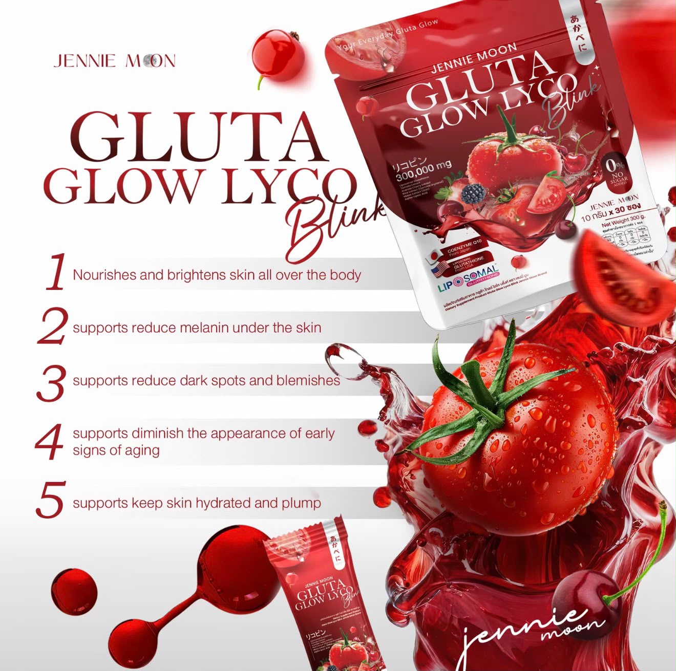 Jennie Moon Gluta Glow Lyco Blink – Boisson Beauté Éclat de la Peau