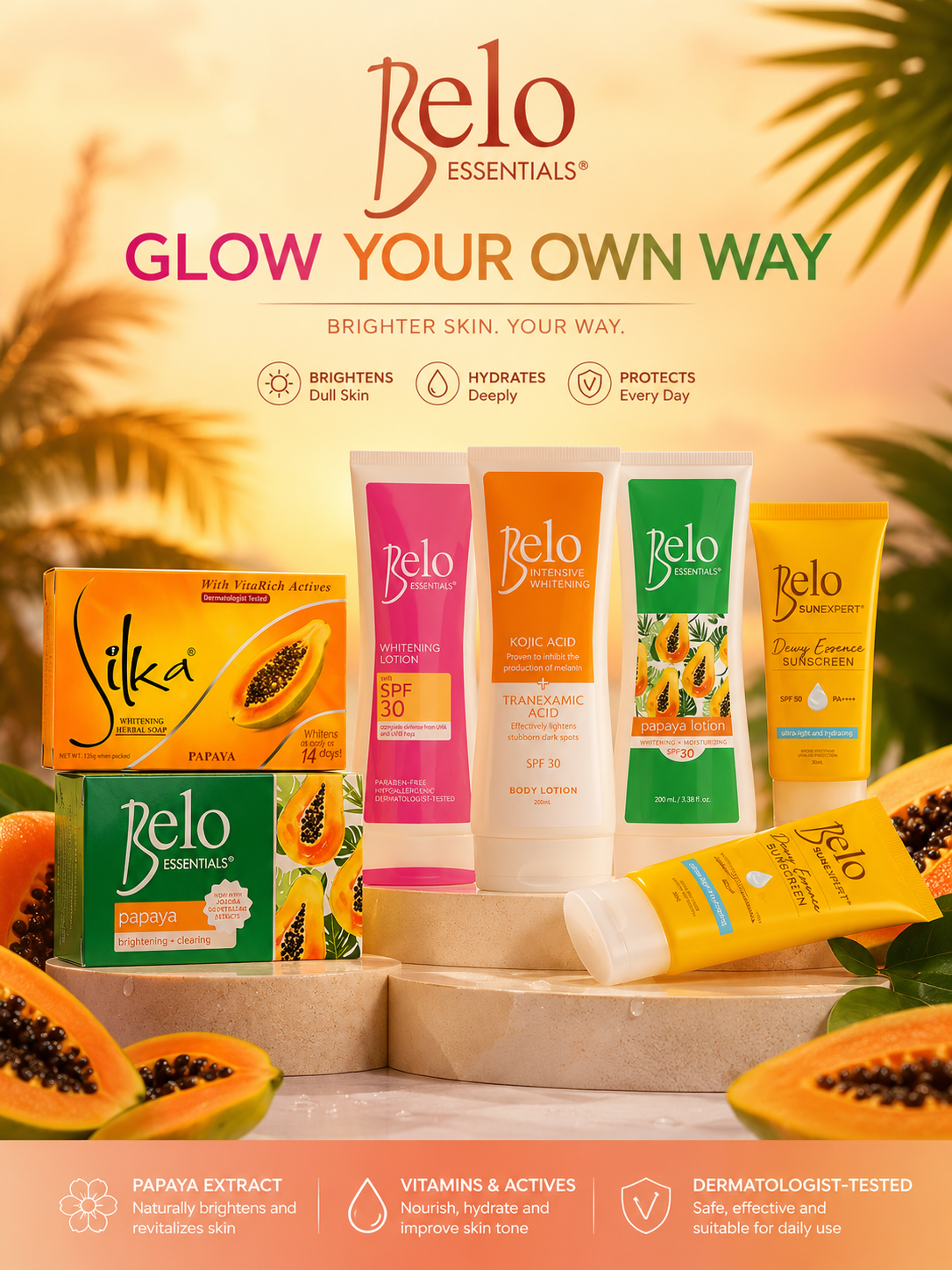 Belo Routine Beauté Complète – Savon, Crème Solaire SPF & Lotion Corps